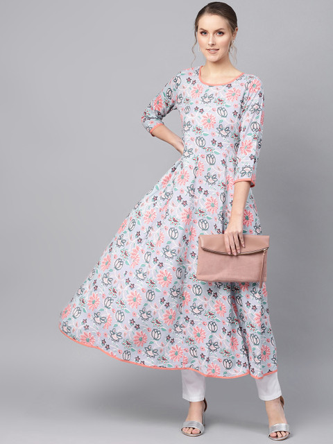 

SASSAFRAS Women Blue & Peach-Coloured Printed Anarkali Kurta