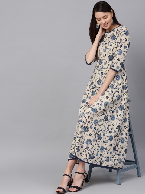 

SASSAFRAS Women Beige & Navy Blue Printed Maxi Dress