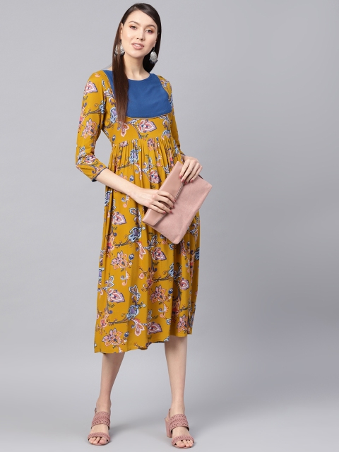 

SASSAFRAS Women Mustard Yellow & Blue Printed Fit and Flare Dress