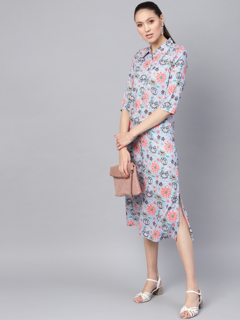 

SASSAFRAS Women Blue & Pink Floral Printed Shirt Dress