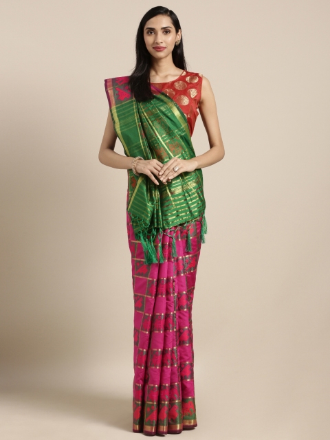 

Varkala Silk Sarees Magenta Pink & Green Silk Blend Woven Design Patola Saree