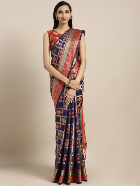 

Varkala Silk Sarees Navy Blue & Red Silk Blend Woven Design Patola Saree