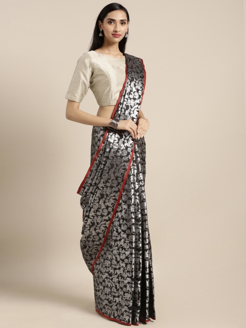 

Varkala Silk Sarees Black & Silver-Toned Silk Blend Woven Design Banarasi Saree
