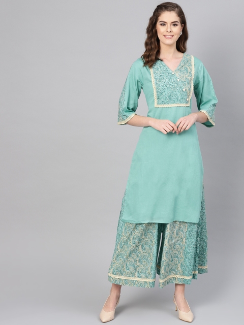 

Ishin Women Green Yoke Design Block Print Kurta with Palazzos