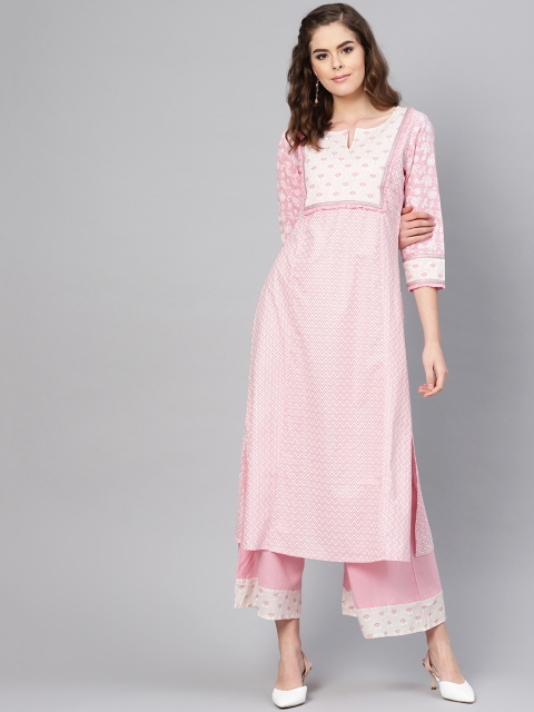 

Ishin Women Pink & White Block Print Kurta with Palazzos