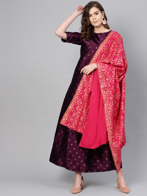 

Ishin Women Aubergine & Golden Self Design Kurta with Skirt & Dupatta, Purple