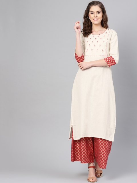 

Ishin Women Beige & Red Yoke Design Kurta with Foil Print Palazzos