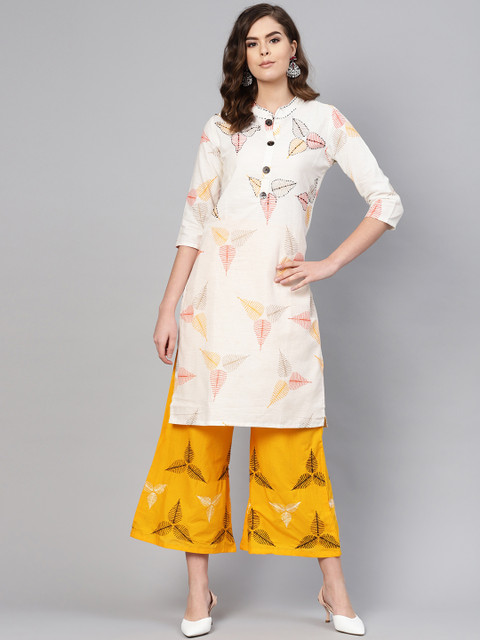

Ishin Women Off-White & Mustard Yellow Block Print Kurta with Palazzos