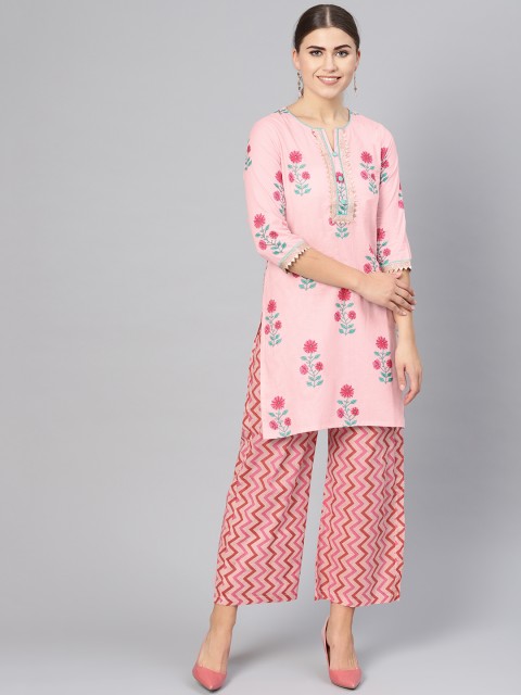 

Ishin Women Pink & Green Block Print Kurta with Palazzos