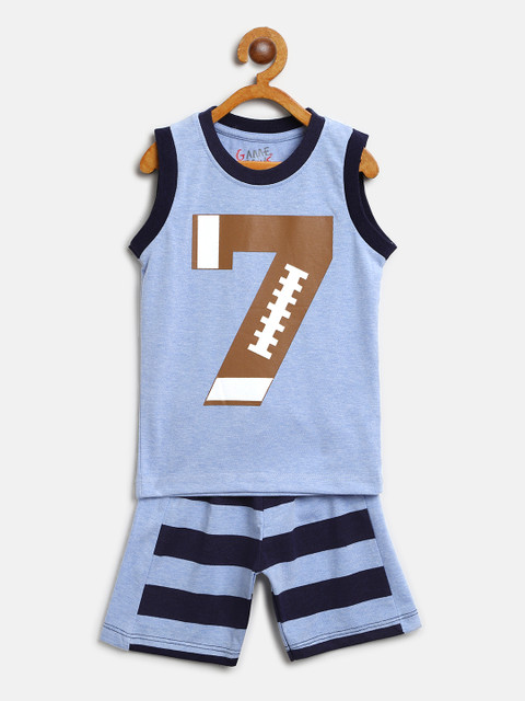 

GAME BEGINS Boys Blue Printed T-shirt with Striped Shorts