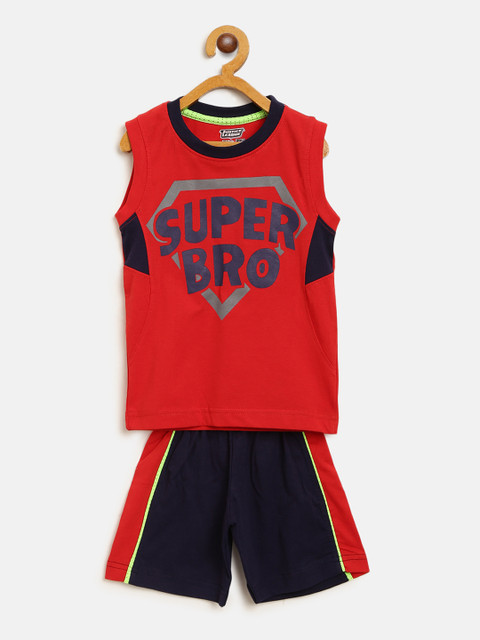 

GAME BEGINS Boys Red & Navy Blue Printed T-shirt with Shorts