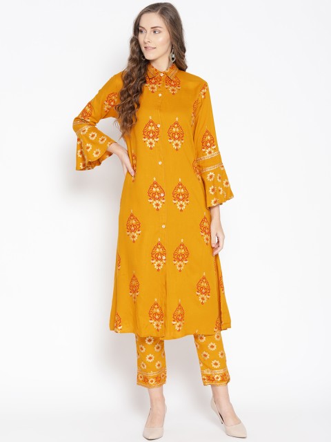 

Fabriko Women Mustard & Maroon Printed Kurta with Trousers