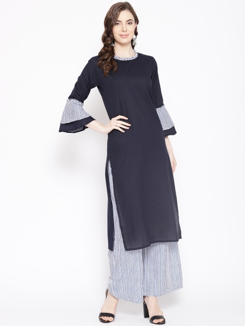 

Fabriko Women Navy Blue & White Solid Kurta with Palazzos