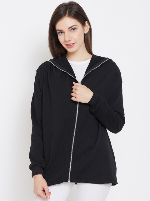 

Belle Fille Women Black Solid Hooded Sweatshirt