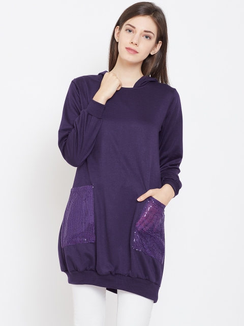

Belle Fille Women Purple Solid Hooded Longline Sweatshirt