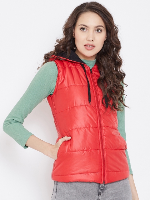 

Belle Fille Women Red Solid Insulator Sleeveless Hooded Jacket