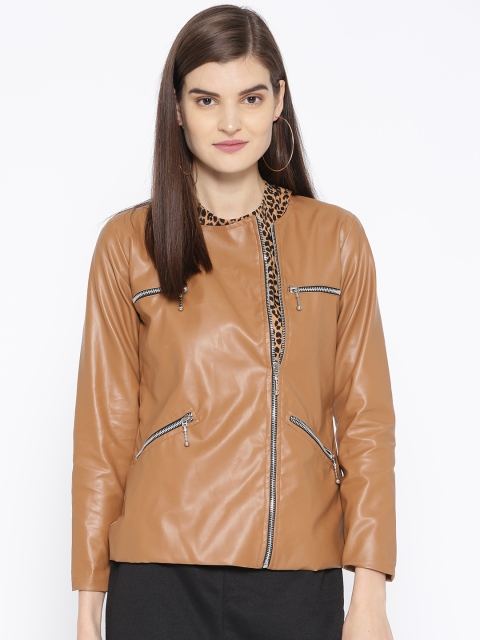 

Belle Fille Women Brown Solid Collarless Leather Jacket