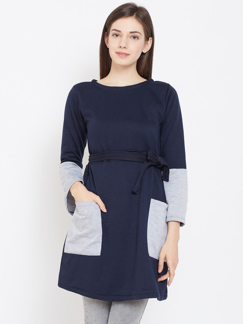 

Belle Fille Women Navy Blue & Grey Melange Solid Longline Sweatshirt