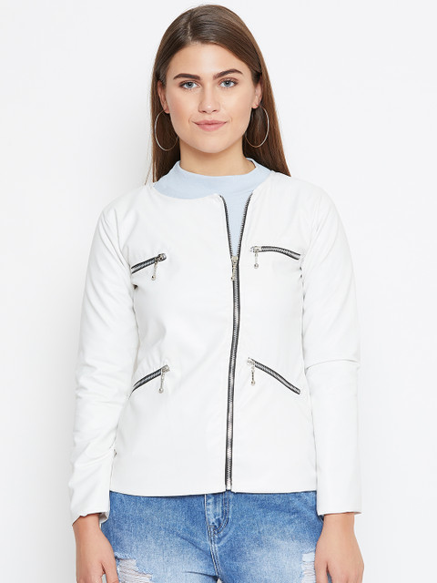 

Belle Fille Women White Solid Leather Jacket