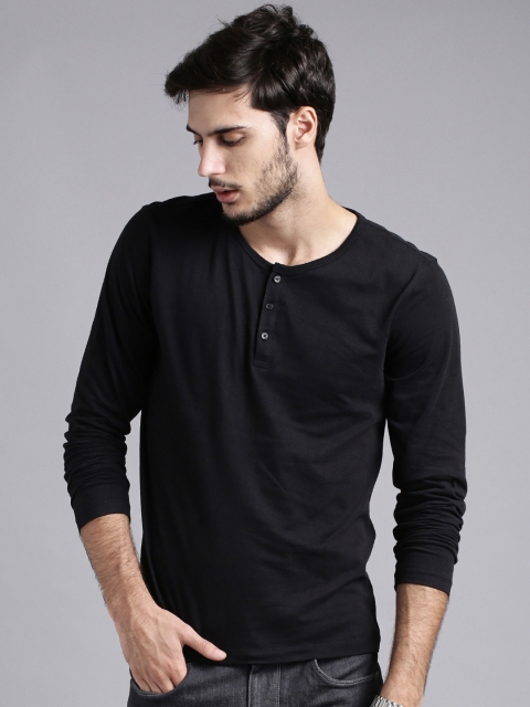 

ETHER Black Henley Pure Cotton T-shirt