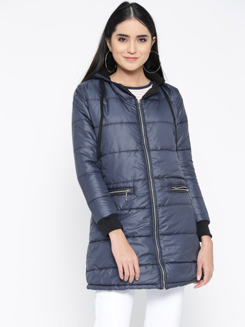 

Belle Fille Women Navy Blue Solid Hooded Longline Padded Insulator Jacket