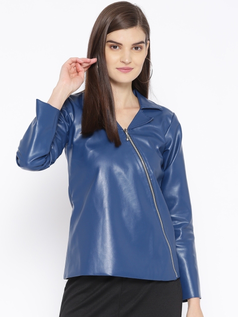 

Belle Fille Women Navy Solid Asymmetric Closure Leather Jacket, Navy blue