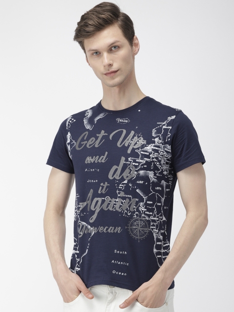 

YWC Men Navy Blue & White Printed Round Neck T-shirt