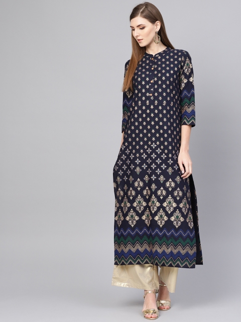 

Yuris Women Navy Blue & Golden Printed Straight Kurta