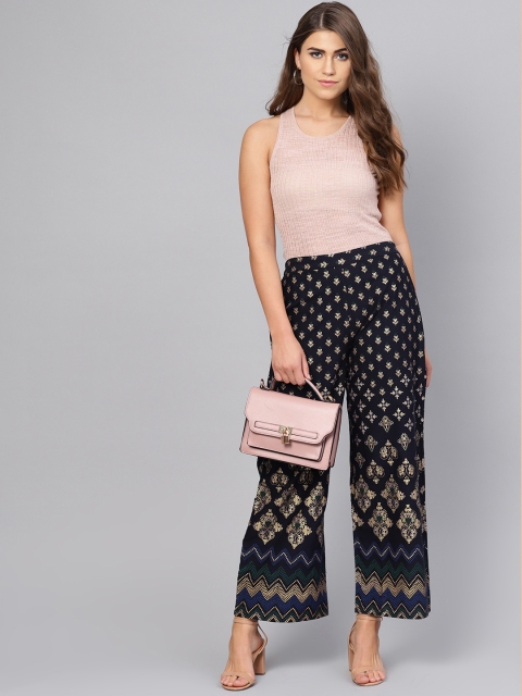 

Yuris Women Navy Blue & Golden Printed Straight Palazzos