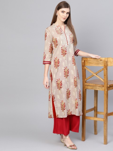 

Yuris Women Beige & Burgundy Printed Straight Kurta