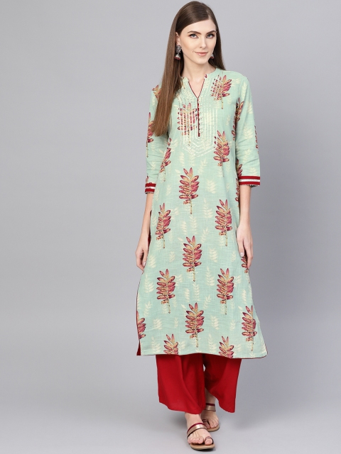 

Yuris Women Sea Green & Maroon Printed Straight Kurta