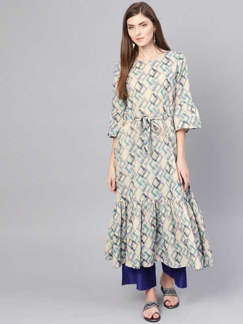 

Yuris Women Beige & Blue Printed A-Line Kurta