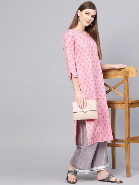 

Yuris Women Pink & Grey Floral Print Straight Kurta
