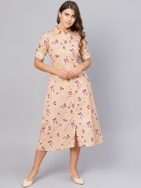 

Yuris Women Mustard Yellow & Pink Floral Printed Shirt Dress