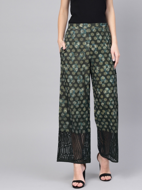 

Yuris Women Green & Cream-Coloured Printed Straight Palazzos