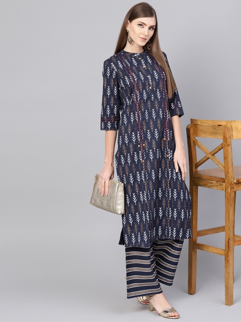 

Yuris Women Navy Blue & White Printed Straight Kurta
