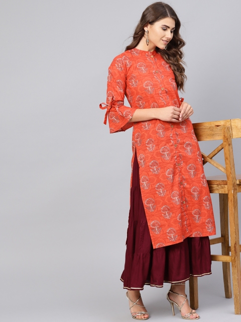 

Yuris Women Coral Orange & Brown Printed Straight Kurta