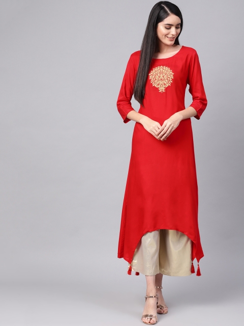 

Varanga Women Red Yoke Design Asymmetric A-Line Kurta