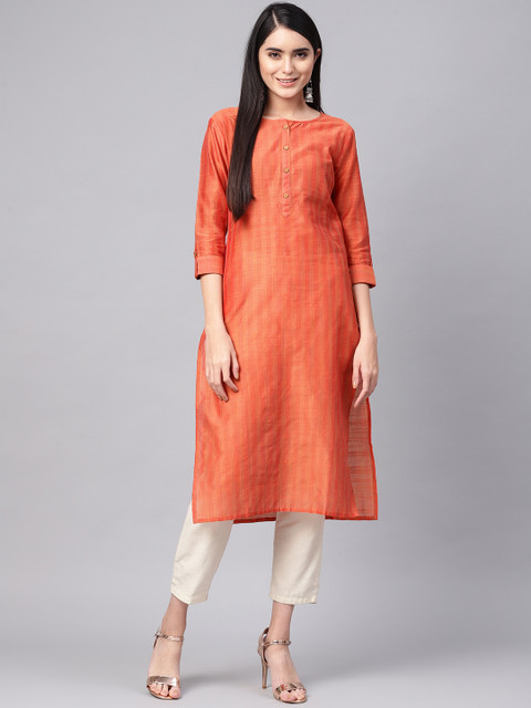 

Varanga Women Coral Orange Self-Striped Handloom Straight Kurta