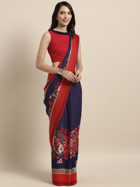 

Satrani Navy Blue & Red Pure Georgette Printed Saree