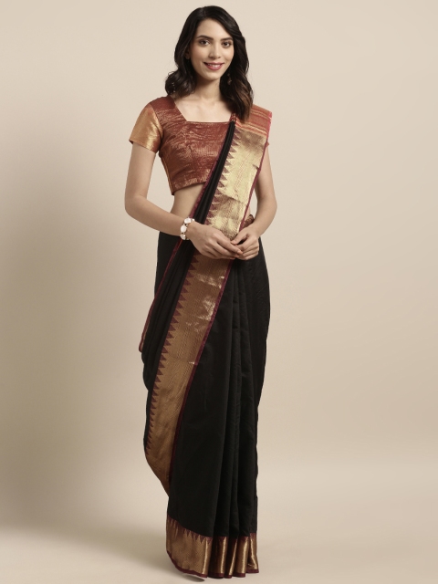 

Satrani Black Silk Blend Solid Maheshwari Saree