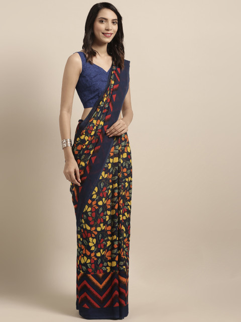 

Satrani Navy Blue & Yellow Pure Georgette Printed Saree
