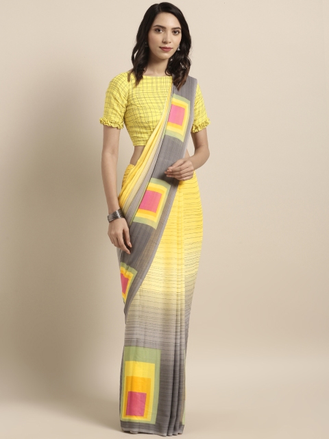 

Satrani Yellow & Grey Pure Georgette Striped Saree