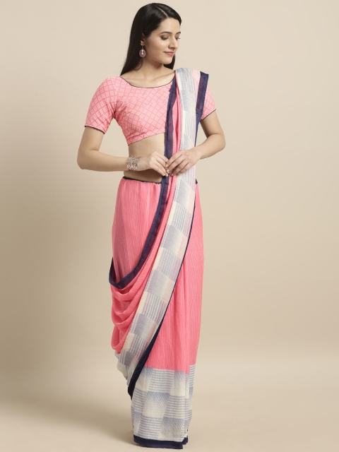 

Satrani Pink & Beige Pure Georgette Striped Saree