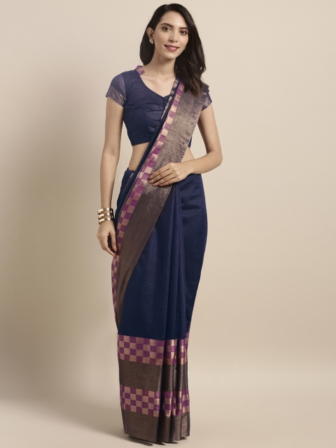 

Satrani Navy Blue Solid Silk Blend Saree