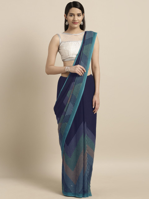 

Satrani Navy Blue & Green Pure Georgette Printed Saree