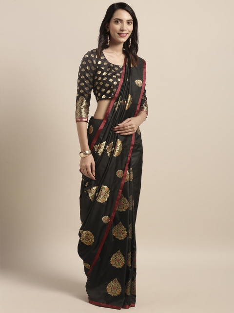 

Satrani Black & Gold-Toned Poly Silk Woven Design Banarasi Saree