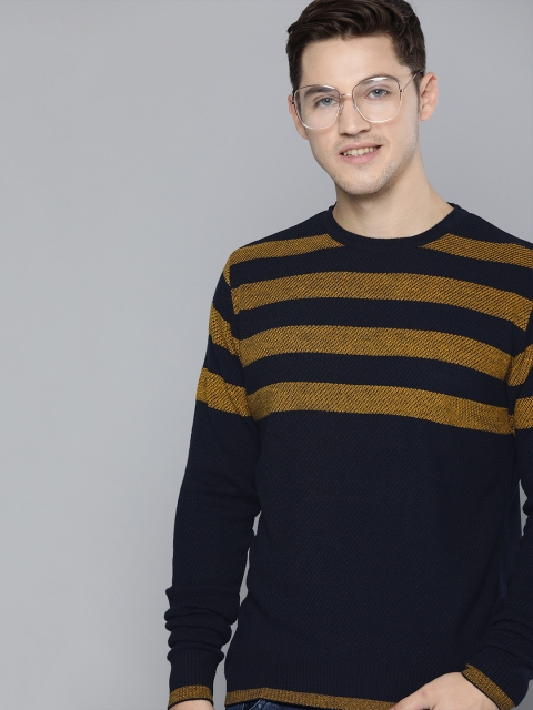

Mast & Harbour Men Navy Blue & Mustard Yellow Striped Pullover Sweater