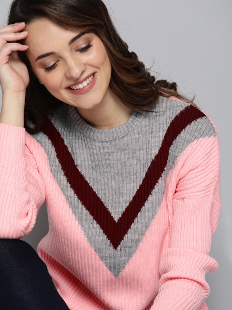 

Mast & Harbour Women Pink & Grey Self Design Pullover Sweater
