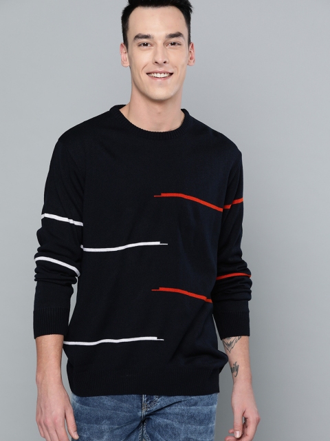 

Mast & Harbour Men Navy Blue Striped Sweater